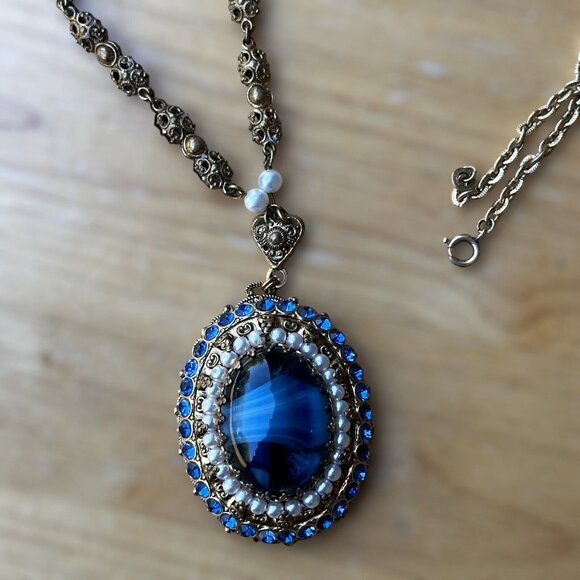 VTG Pendant Necklace 26" W Germany Porphyry Blue Art Glass Filigree Faux Pearl - Picture 1 of 12